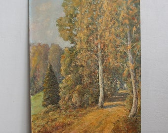Vintage oil painting by Ukrainian artist, brushstroke painting Forest landscape Autumn Original Artistic oil painting, positive, medium size