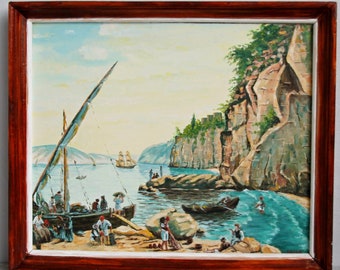 Vintage oil painting on plywood. Small harbor in Sorento. Landscape, sea, rocks. Painting in blue tones.