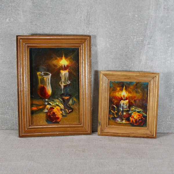 peintures à l'huile vintage, ensemble de deux miniatures de l'artiste ukrainien Stas Baginsky. Des images confortables à la maison qui brûlent des bougies. Bougies et fleurs.