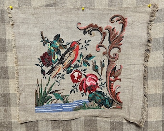 Vintage Embroidered Painting Ukrainian Style Embroidered Cross Stitch on Canvas Dating Wall Decor Handmade Framed