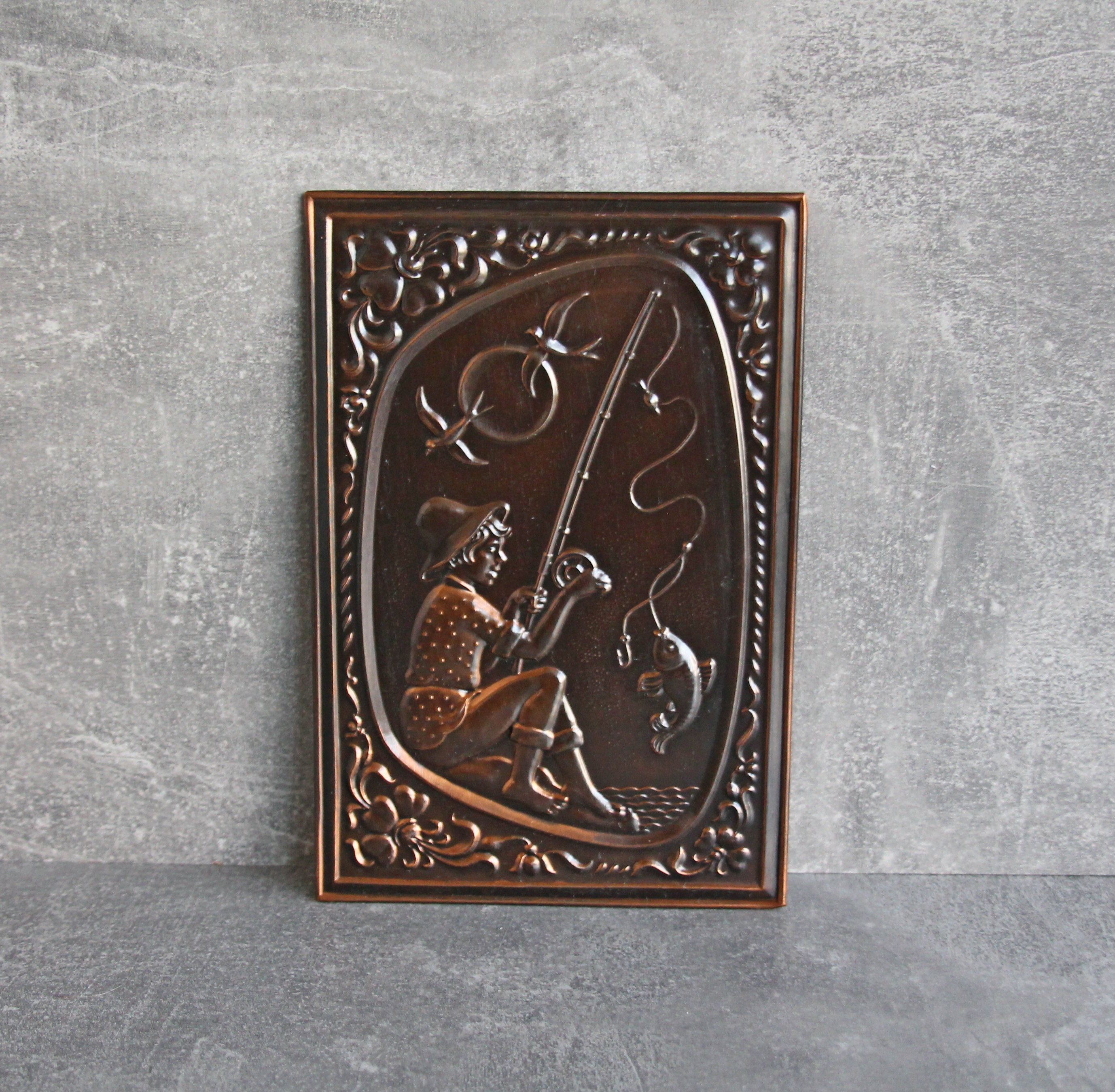 Vintage embossing, Soviet painting, a boy fishing, fairy tales, a gift for a fisherman, wall decor, copper embossing.