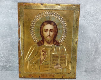 Antique tin small icon Savior Jesus Christ. Orthodox old icon jaco, faces of saints.