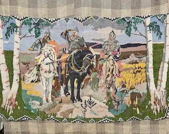 Vintage Embroidered Painting Ukrainian Style Embroidered Cross Stitch on Canvas Dating, Three Heroes, Wall Decor Handmade Framed