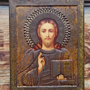 Antique tin icon Savior Jesus Christ. Orthodox old icon, Christian, jaco, faces of saints.