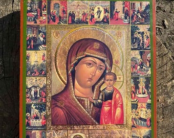 Vintage Orthodox Icon: Virgin Mary and Jesus Christ Print on Wood