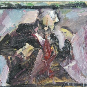 May include: Abstract painting with a dark background and vibrant strokes of red, yellow, and purple paint. The painting is framed in a black frame.