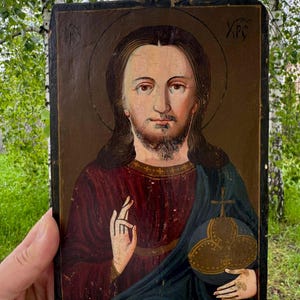 Antique Orthodox wooden oil icon, Jesus Christ. Rare, colored, wooden icon Savior, Ukrainian painter.