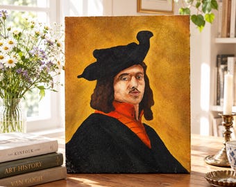 May include: A rectangular oil painting on canvas depicting a portrait of a person wearing a black hat and a black coat over an orange shirt. The figure has shoulder-length brown hair and a mustache, set against a textured, golden-yellow background.