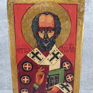 Orthodox wooden icon of St. Nicholas the Wonderworker, Vintage icon painted with oil paints. Rare handmade icon.