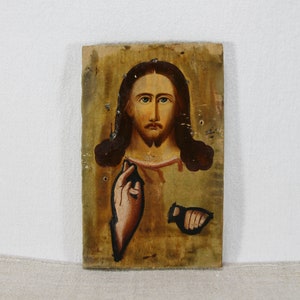 Antique Orthodox icon Jesus Savior, Jesus Christ. Rare wooden oil icon Ukrainian artist