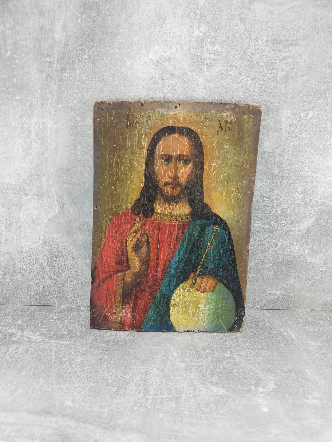 Ancient Orthodox Wooden Icon Painted With Oil Paints Jesus the Savior