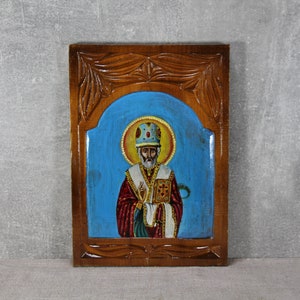 Orthodox wooden icon of St. Nicholas the Wonderworker, Vintage icon painted with oil paints. Rare handmade icon.