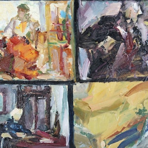 May include: A painting divided into four sections, each depicting a different scene. The top left section shows a person sitting in a chair, the top right section shows a person sitting in a chair, the bottom left section shows a chair and a table, and the bottom right section shows a yellow couch.