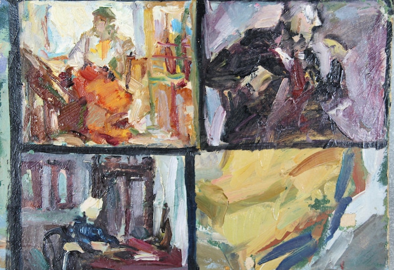 May include: A painting divided into four sections, each depicting a different scene. The top left section shows a person sitting in a chair, the top right section shows a person sitting in a chair, the bottom left section shows a chair and a table, and the bottom right section shows a yellow couch.