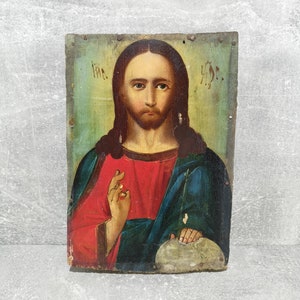 Antique Orthodox icon Jesus Savior, Jesus Christ. Rare wooden oil icon Ukrainian artist