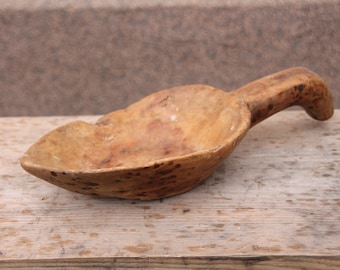 Antique wooden scoop. Primitive wooden mortar, rustic handmade wooden ladle, kitchen decor