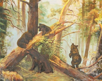 Copia de la pintura al óleo sobre lienzo "Mañana en un bosque de pinos" (27x31)