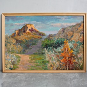 Vintage oil painting in frame on plywood, Landscape mountains.