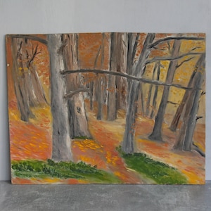 Vintage Oil painting on cardboard. landscape, autumn forest, trees, study, green-yellow, medium size, Ukrainian artist.