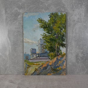paysage de peinture à l'huile vintage. Photo de l'auteur dans des tons verts, artiste ukrainienne.