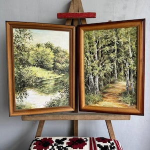 Original oil paintings in a frame. Medium size forest. Set two vintage paintings.