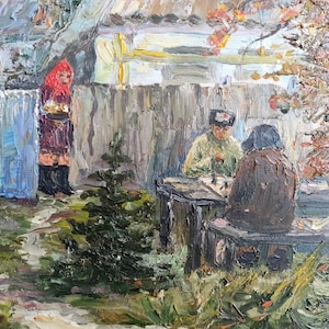 vintage oil painting painted with brush strokes, image of a village, USSR, story painting of a game of chess