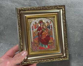 Orthodox modern print icon Virgin Mary Christ. Icon of the Mother of God and little Jesus, Angels and saints.