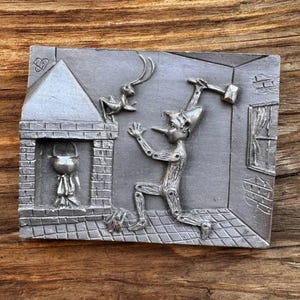 Vintage Metal Pinocchio Hearth Scene Wall Decor, Small Hand-Made Art
