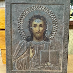 Antique tin icon Savior Jesus Christ. Orthodox old icon, Christian, jaco, faces of saints.