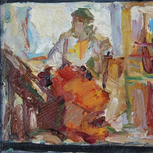 May include: A painting of a person sitting in a chair with a colorful background. The person is wearing a white shirt and a green hat. The background is a mix of orange, yellow, and brown.