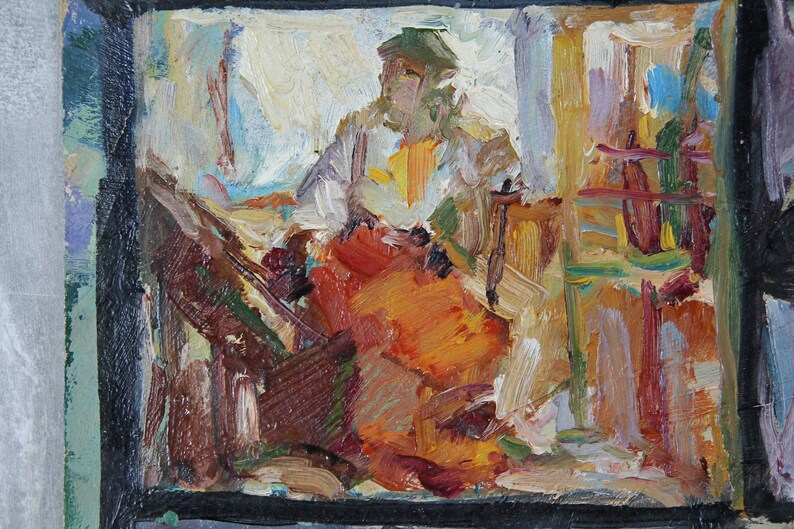 May include: A painting of a person sitting in a chair with a colorful background. The person is wearing a white shirt and a green hat. The background is a mix of orange, yellow, and brown.