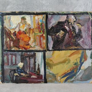 May include: A painting divided into four sections, each depicting a different scene. The top left section shows a person in a room with a window, the top right section shows a person in a dark room, the bottom left section shows a person sitting in a chair, and the bottom right section shows a person sitting on a yellow couch.