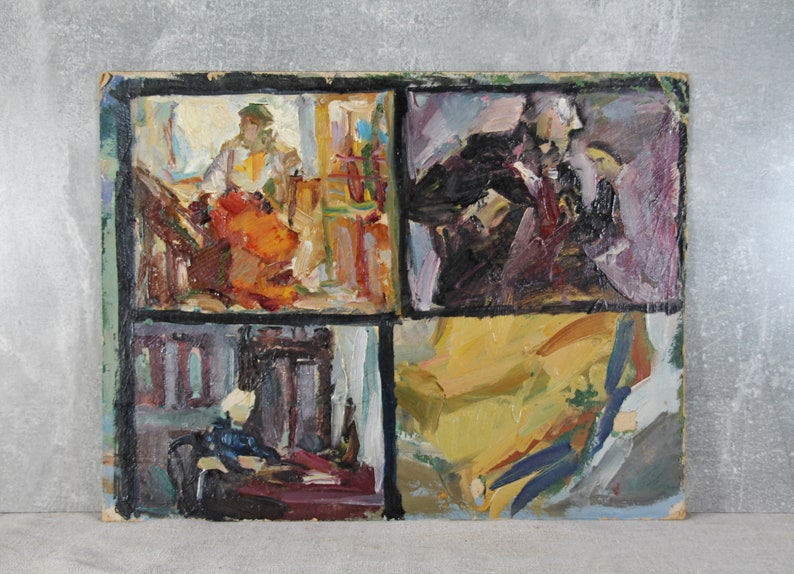 May include: A painting divided into four sections, each depicting a different scene. The top left section shows a person in a room with a window, the top right section shows a person in a dark room, the bottom left section shows a person sitting in a chair, and the bottom right section shows a person sitting on a yellow couch.