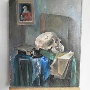 Retrato al óleo vintage de un hombre sobre cartón, colección de pintura moderna, tamaño mediano, hecho a mano.