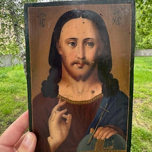 Antique Orthodox Icon: Jesus Christ, Oil on Wood, 20th Century
