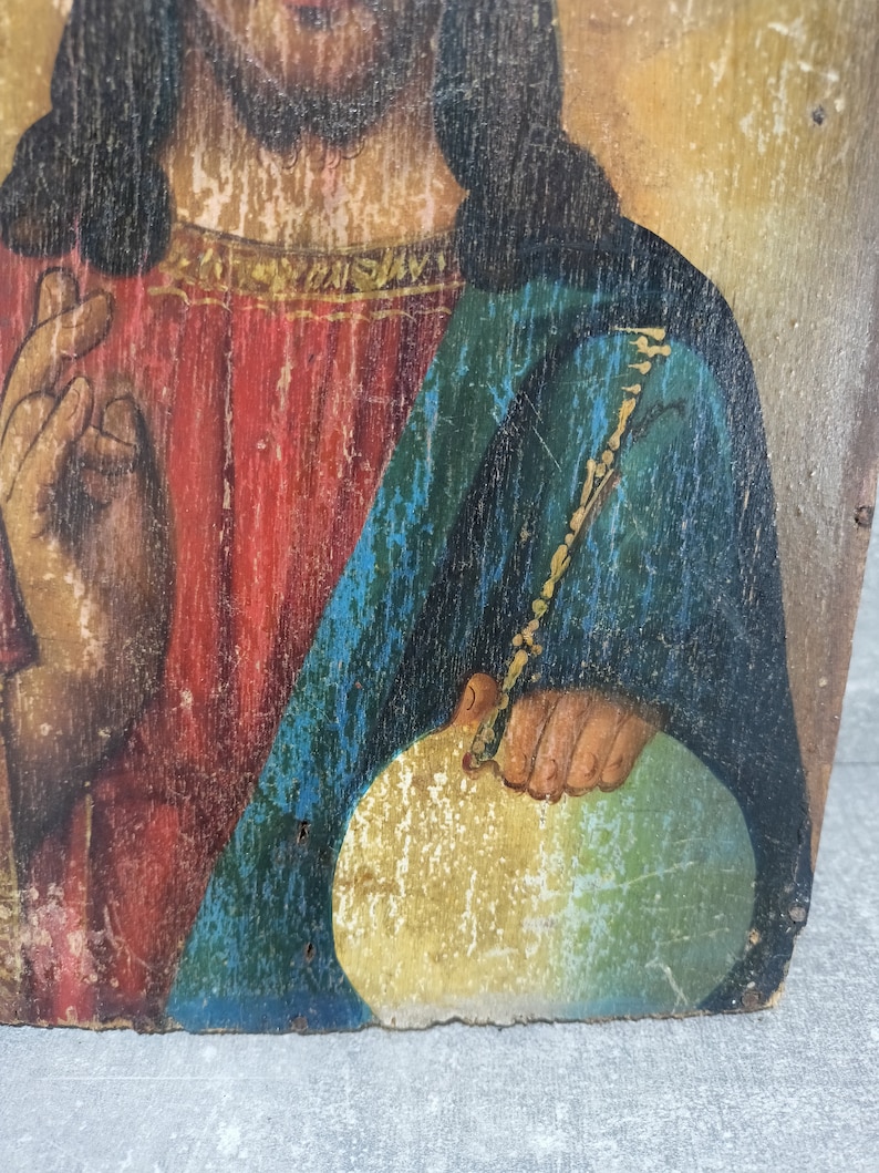 Ancient Orthodox Wooden Icon Painted With Oil Paints Jesus the Savior