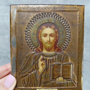 Vintage Jesus Christ Icon: Antique Pewter Orthodox Painting
