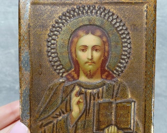 Vintage Orthodox icon Jesus Christ Savior. Antique pewter small icon Christ. Orthodox old tin painting faces of saints.