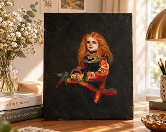 May include: A rectangular painting on a black background featuring a portrait of a person with long red hair wearing a dark garment with red, yellow, and green patterned sleeves, holding a green leafy stem with a small orange fruit in their hands.