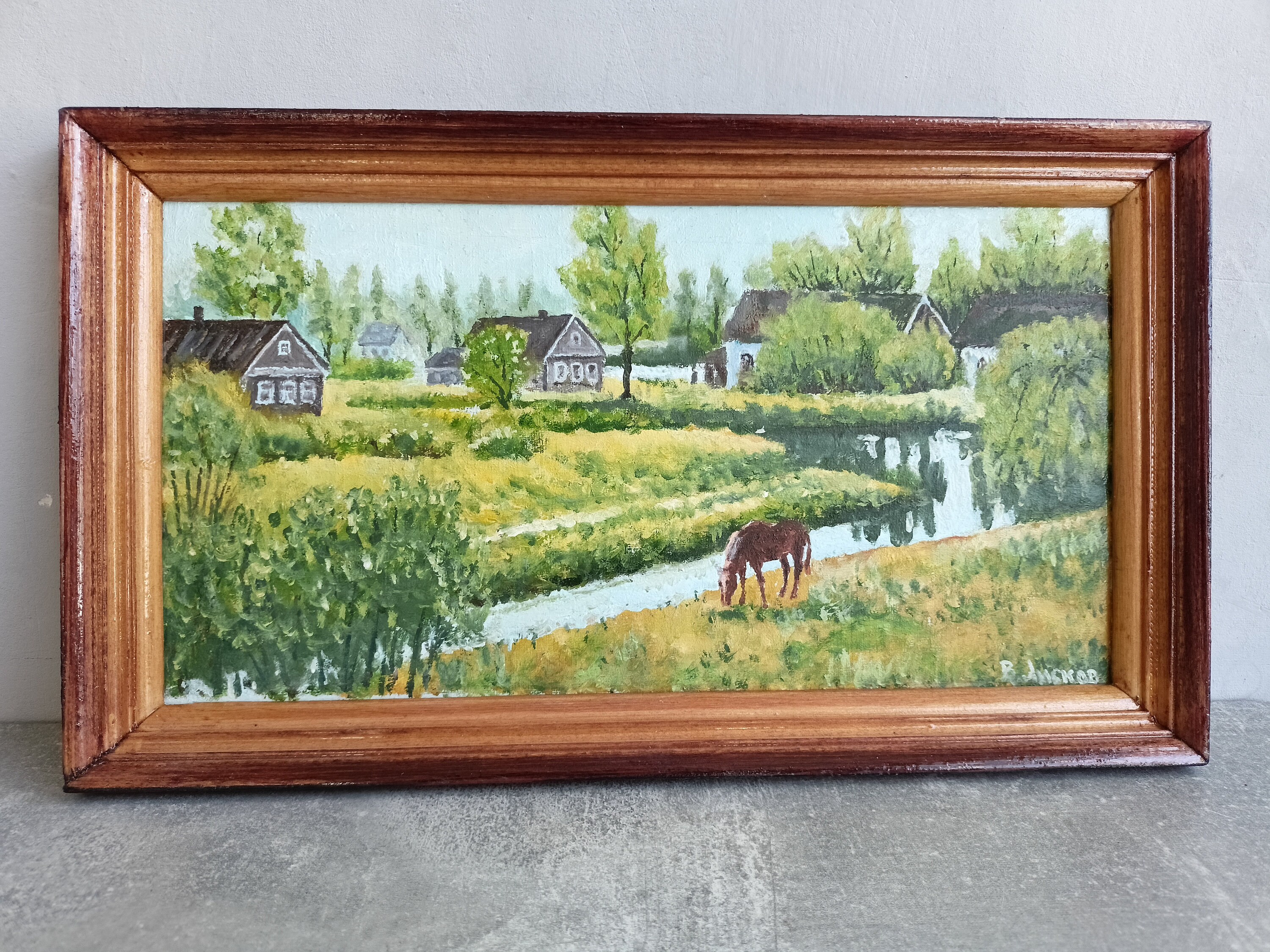 Vintage oil painting. framed canvas, landscape, Ukrainian painter, vintage picture in blue, green tones, nature