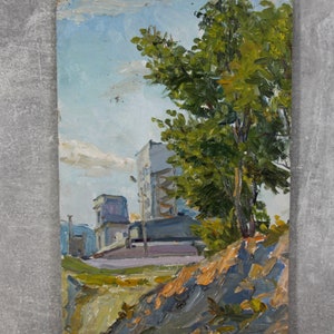 Vintage oil painting landscape. author&#39;s oil art in green tones, Ukrainian artist.