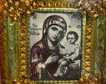 Vintage Orthodox Icon: Virgin Mary and Jesus, Wooden Frame