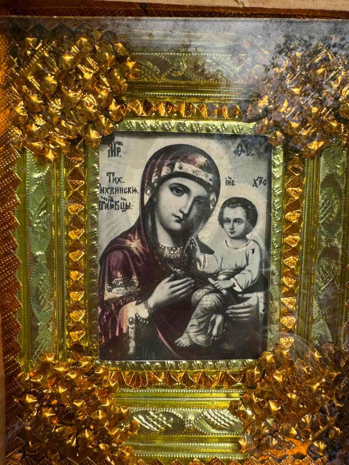 Vintage old print Orthodox icon in wooden kiot, Mather of God, Virgin Maria and Jesus Christ, Sevior, faces of saints.
