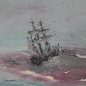 peinture à l'huile de paysage marin vintage. Une peinture de taille moyenne d'un artiste ukrainien dans les tons bleus et bleus, mer, navires, lune, nuit.