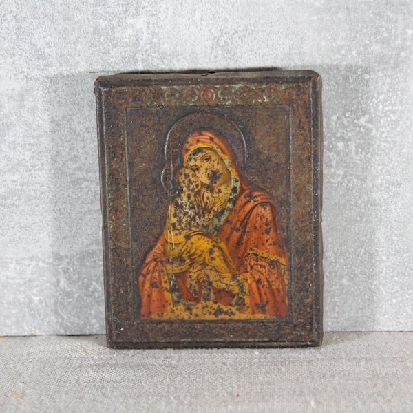 Vintage Orthodox icon Virgin Mary and Jesus Christ. Icon Mother of God. Rare small icon made of wood and bronze.