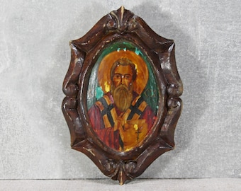 Small Orthodox wooden icon of St. Nicholas the Wonderworker, Nicholas Pleasant, Antique icon painted with oil paints. Rare handmade icon.