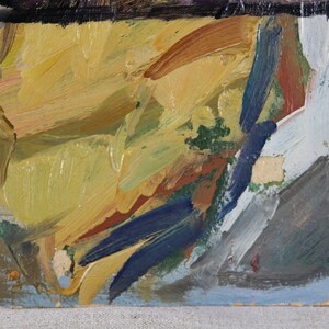 May include: Abstract painting with a mix of yellow, blue, green, and brown paint strokes. The paint is applied in a thick, textured style.