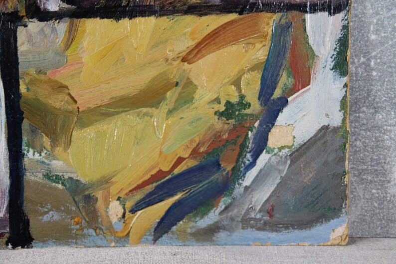 May include: Abstract painting with a mix of yellow, blue, green, and brown paint strokes. The paint is applied in a thick, textured style.
