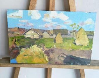 Original Oil painting, landscape village. Sketch, art oil painting, strokes, medium size.
