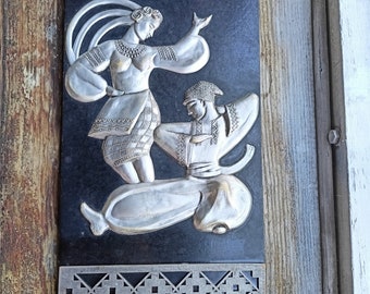 Ukrainian style vintage plastic painting, wall decor, Ukrainian Kozak and girl.  Hopak, Ukrainian dance.
